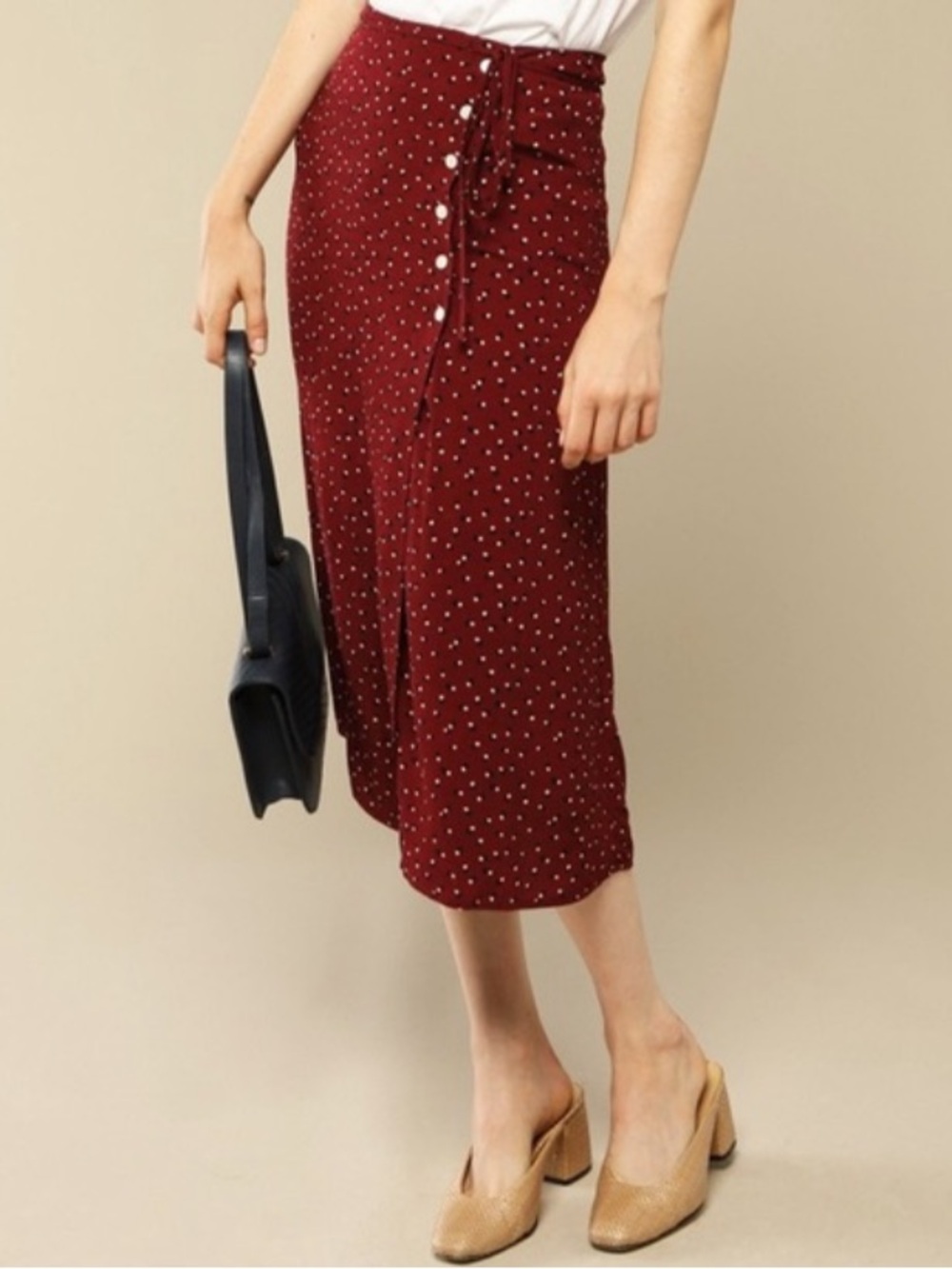 Rouje Gloria button up wrap midi skirt in maroon polka dot size 36 (4)